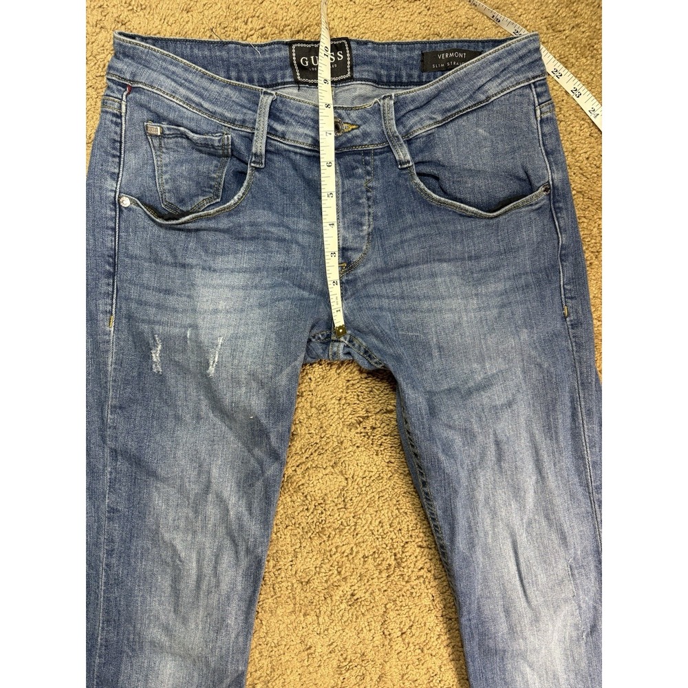 Guess Vermont Slim Straight Jeans Men 29 Blue Distressed‎ Button Fly Low Rise - Picture 7 of 10